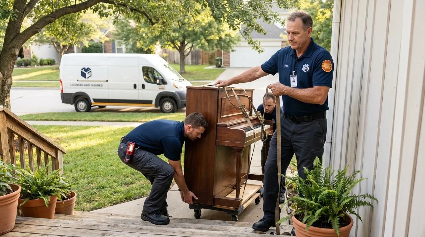 Licensed piano movers securing grand piano in Grass Valley, CA