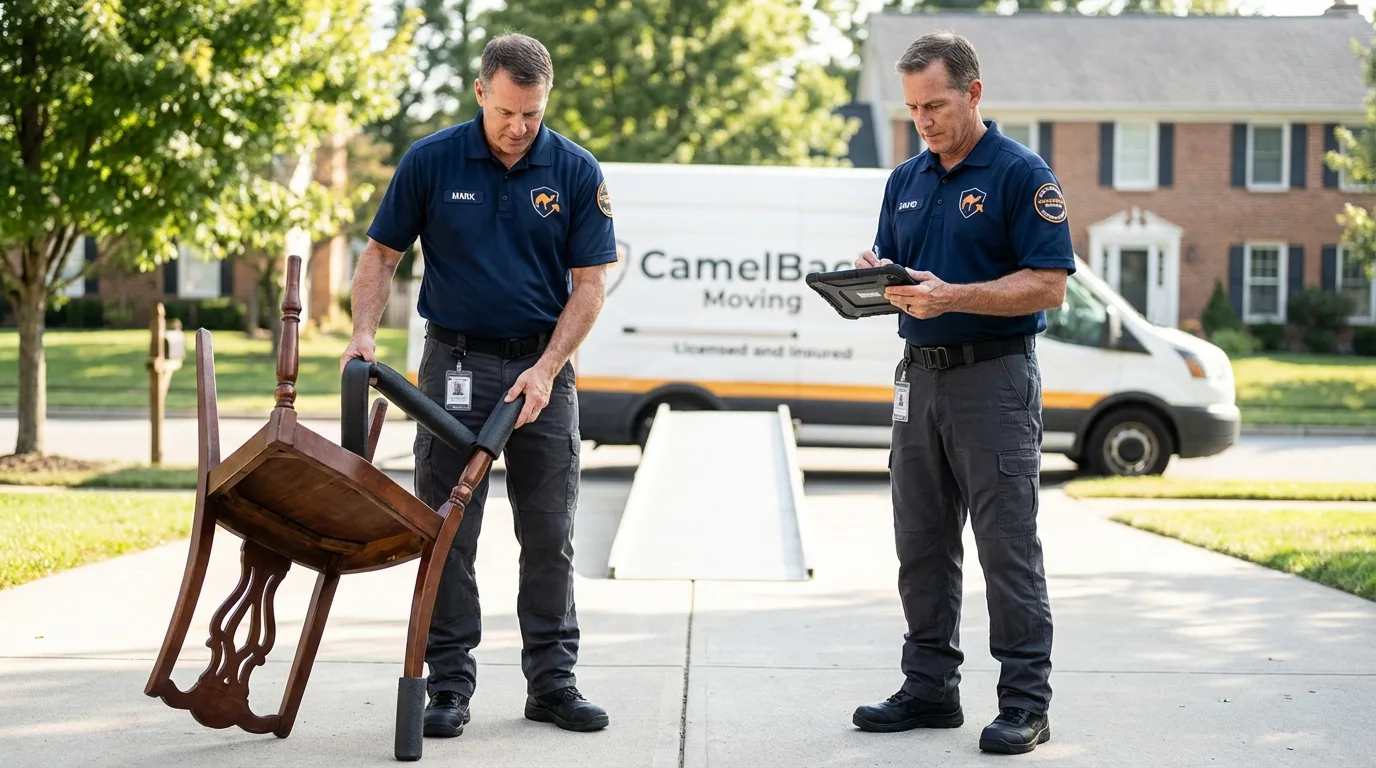 Movers inspecting furniture for damage prevention before loading in Grass Valley, CA
